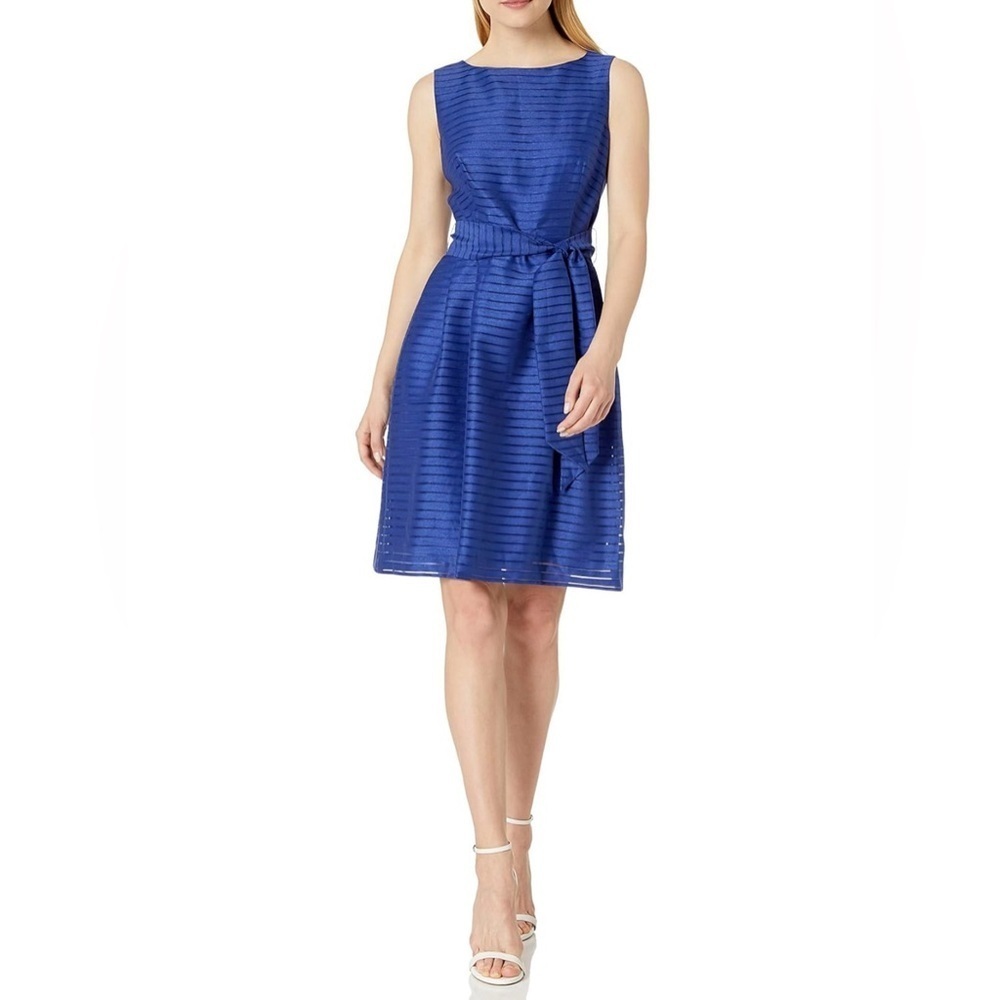 NWT Anne Klein Novelty Fit & Flare Midi Dress With Sash Size 8